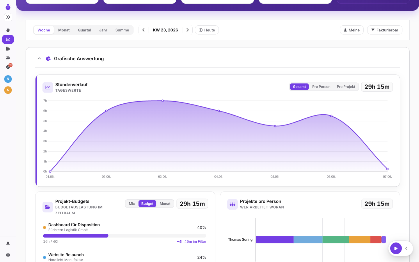 Auswertungen: Stundenverlauf, Budgets, pro Person