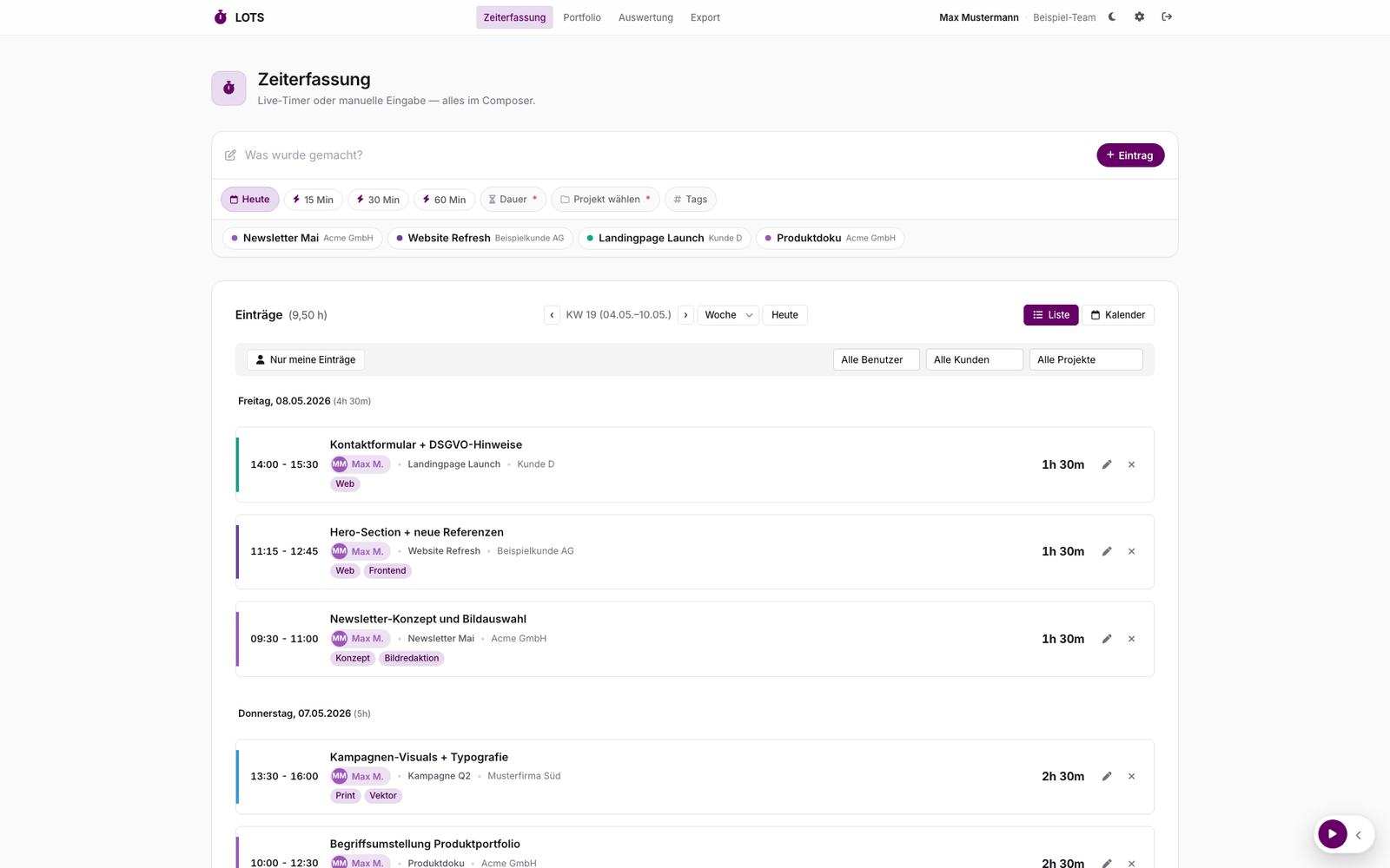 LOTS App — Zeiterfassung Übersicht
